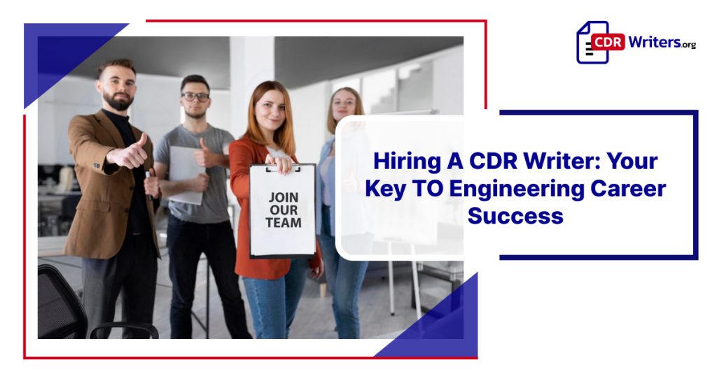 Group of professionals holding a sign that says 'Join Our Team,' promoting hiring a CDR writer for engineering career success.