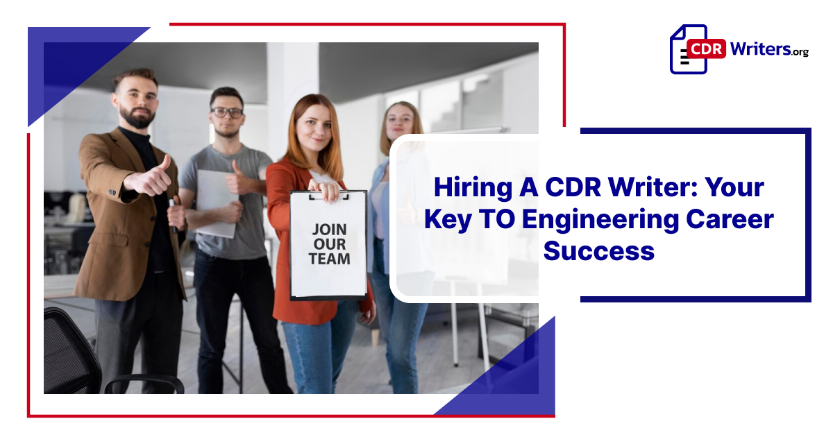 Group of professionals holding a sign that says 'Join Our Team,' promoting hiring a CDR writer for engineering career success.