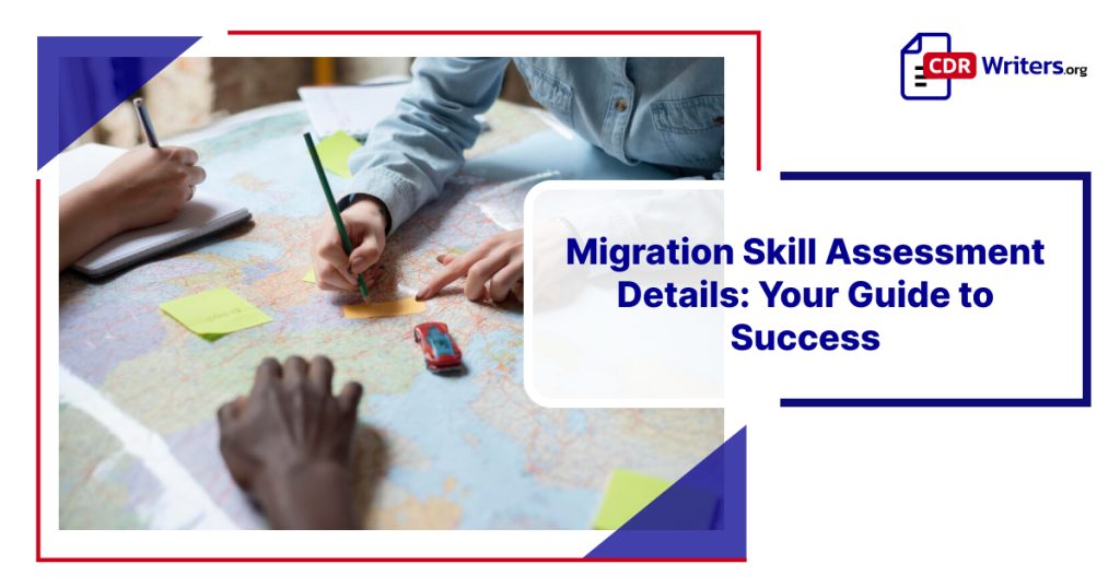 People reviewing migration skill assessment details on a world map with sticky notes and a small toy car.
