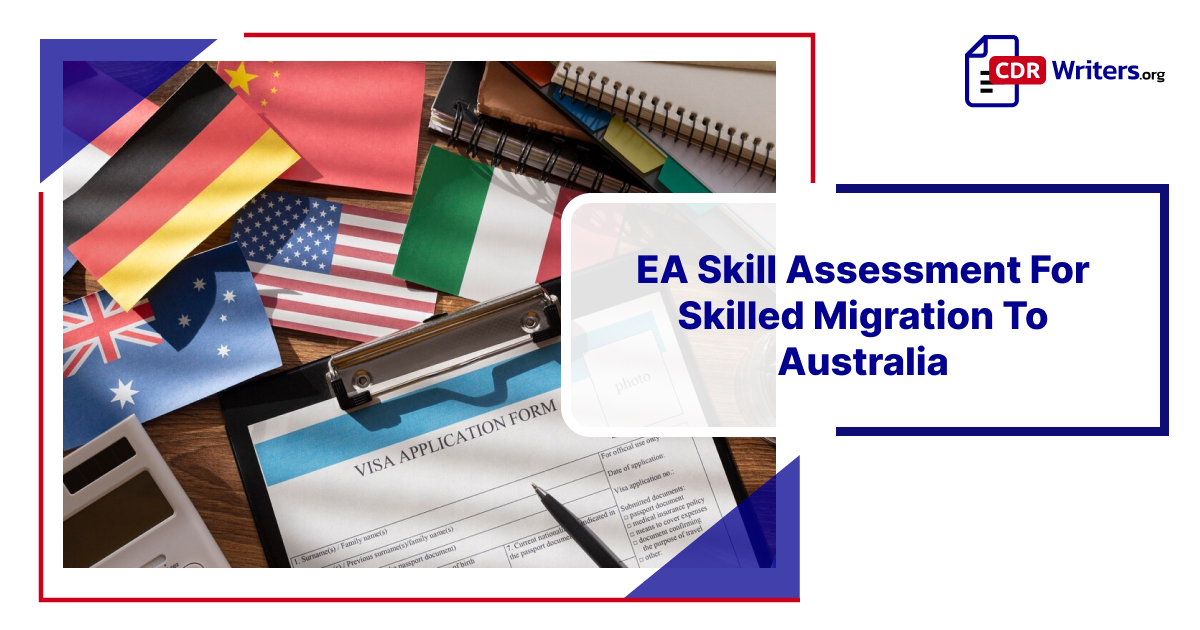 EA skill assessment documents for skilled migration to Australia, featuring flags of Australia, Germany, and China.