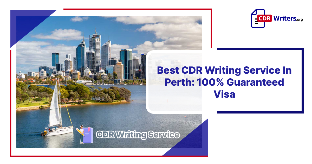 Scenic view of Perth skyline with water and sailboat, promoting CDR writing service for guaranteed visa approval.
