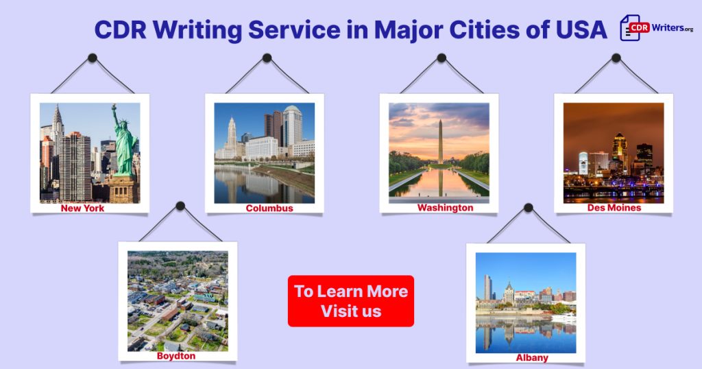 Collage of major U.S. city landmarks including New York, Columbus, Washington, Des Moines, Boynton, and Albany, promoting CDR Writing Service.