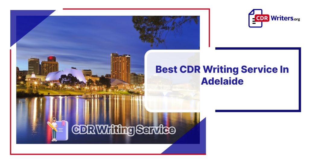 A scenic view of Adelaide's skyline at dusk, featuring illuminated buildings reflected in the water, with an overlay promoting the 'Best CDR Writing Service in Adelaide