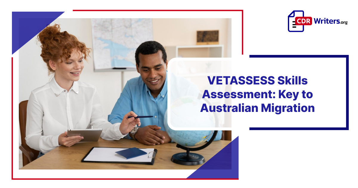 Man and woman collaborating on VETASSESS skills assessment details, emphasizing its importance for Australian migration.