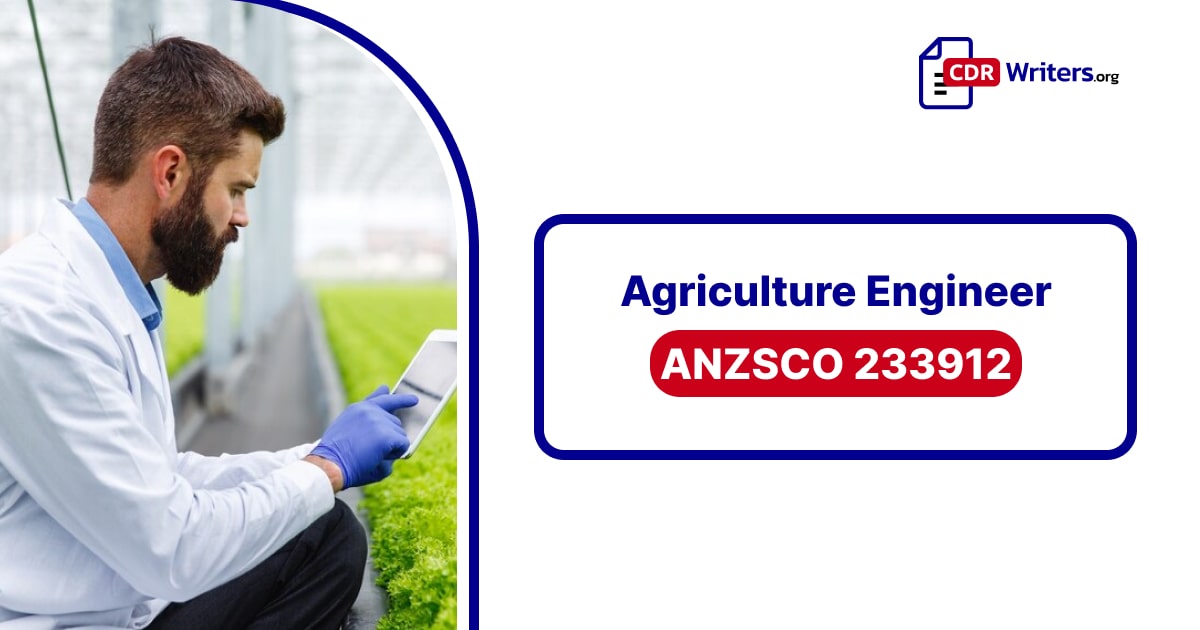 An Agriculture Engineer in a lab coat and gloves using a tablet in a greenhouse filled with plants. The text overlay reads "Agriculture Engineer ANZSCO 233912.