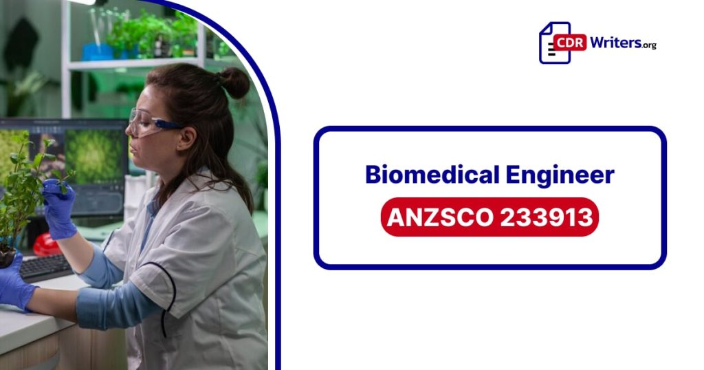 A Biomedical Engineer in a lab coat and protective goggles working with plants and medical equipment in a laboratory setting.