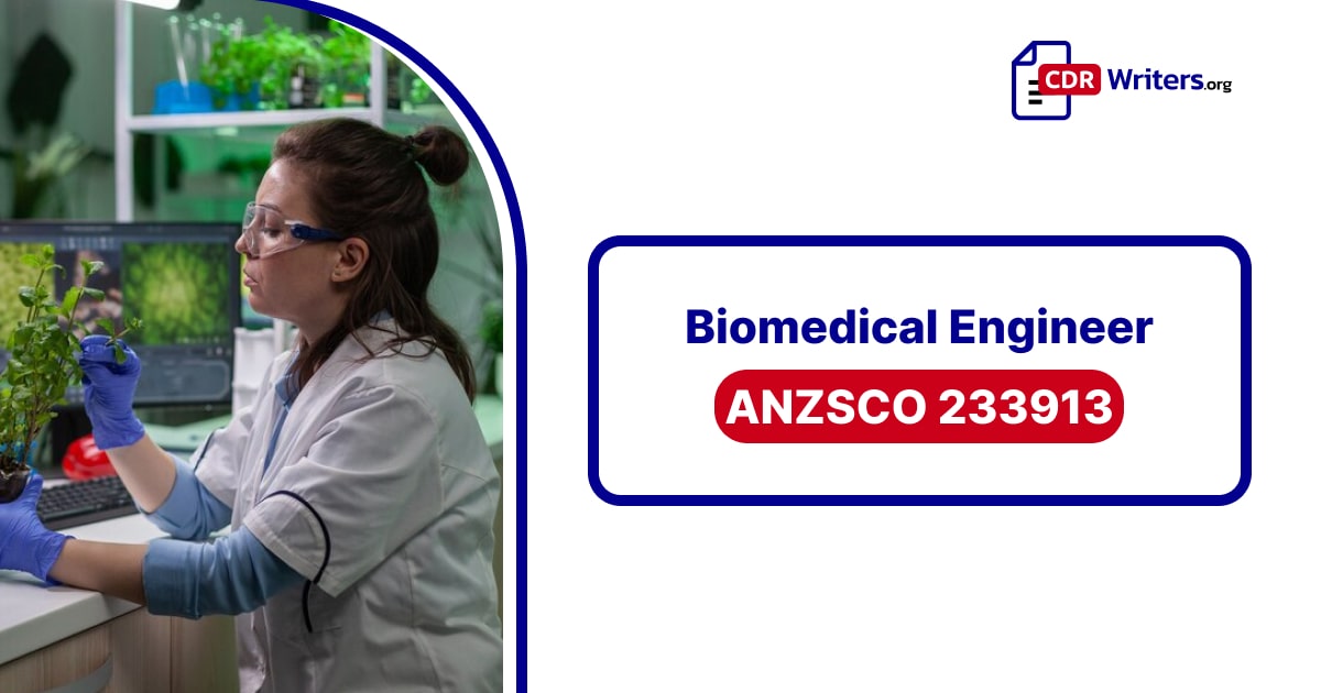 A Biomedical Engineer in a lab coat and protective goggles working with plants and medical equipment in a laboratory setting.