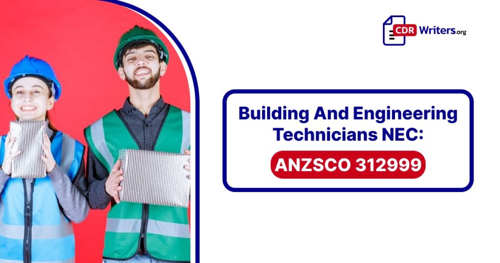 Two Building and Engineering Technicians, one male and one female, smiling while holding metal panels. The text overlay reads "Building And Engineering Technicians NEC: ANZSCO 312999."