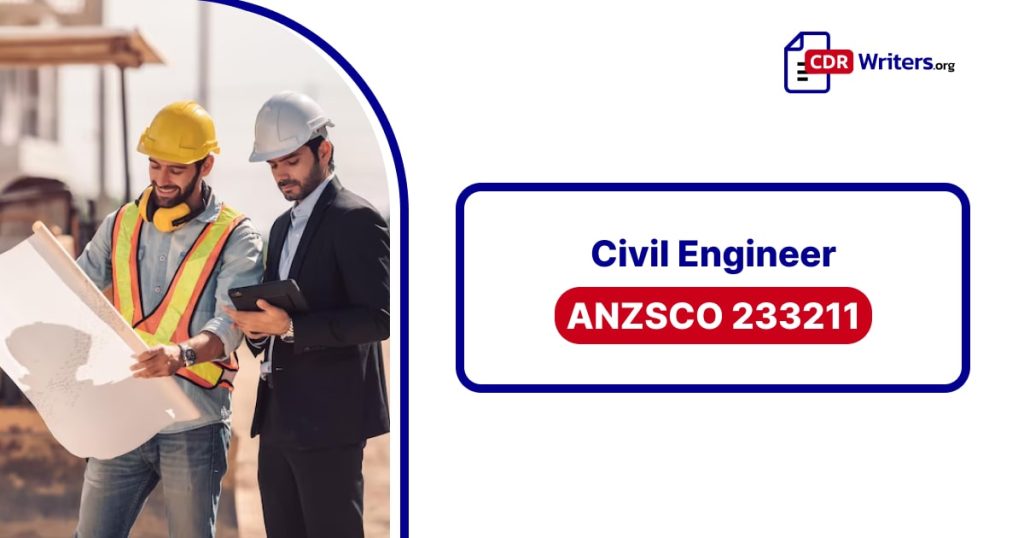 Civil Engineer reviewing blueprints on a construction site. One engineer wears a hard hat and safety vest, while the other is dressed in formal attire. The text overlay reads "Civil Engineer ANZSCO 233211."