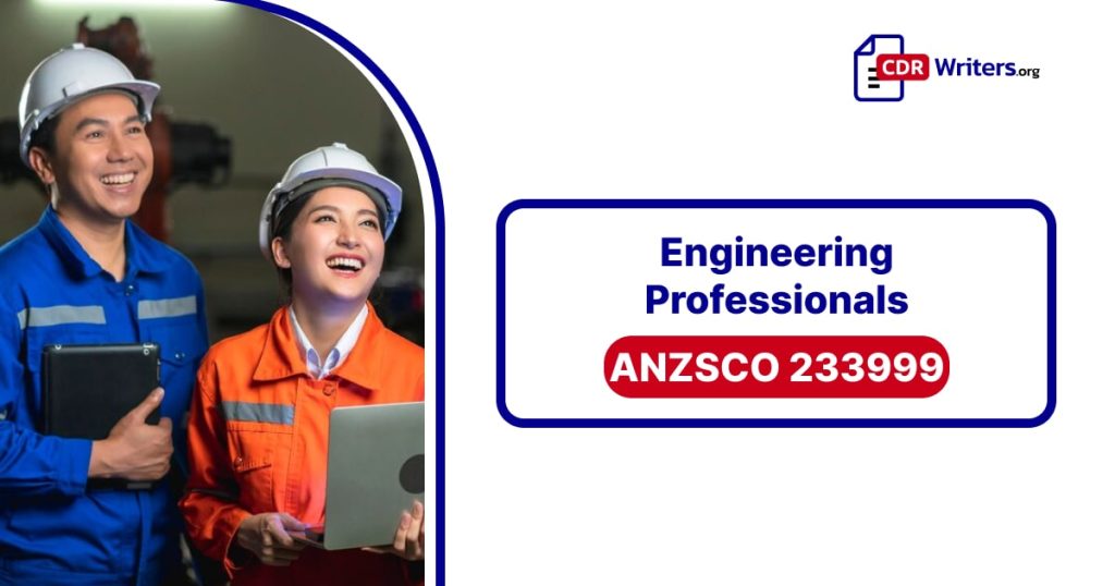 Two Engineering Professionals, one male and one female, smiling while collaborating on a project. The text overlay reads "Engineering Professionals ANZSCO 233999."