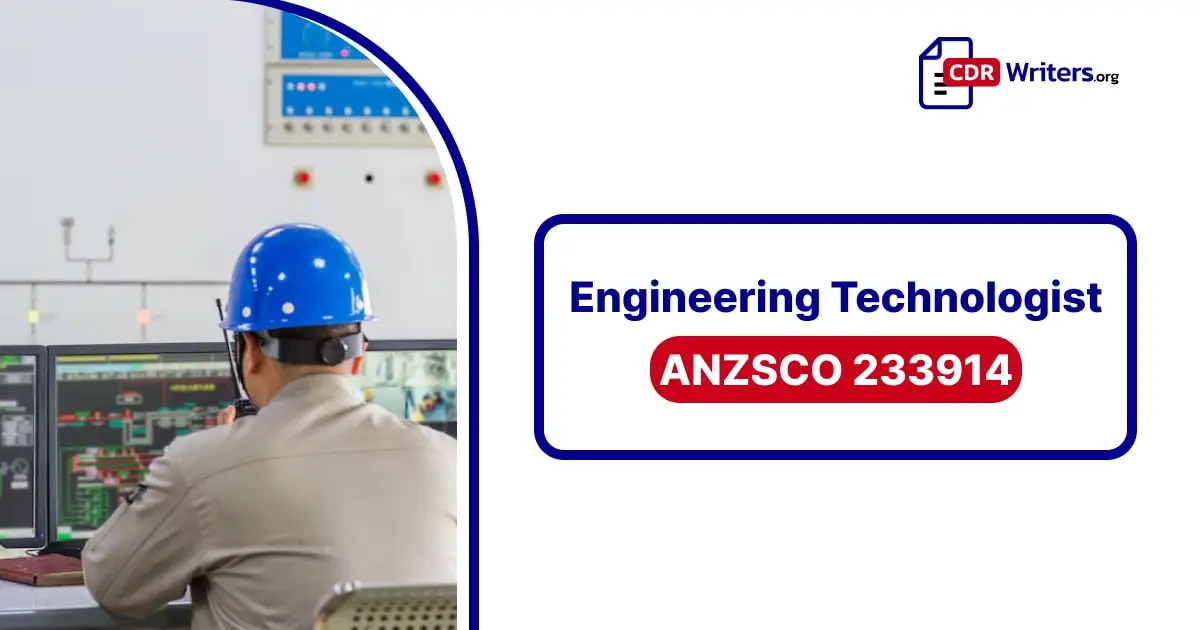 An Engineering Technologist in a blue hard hat working at a computer station with multiple monitors displaying engineering data. The text overlay reads "Engineering Technologist ANZSCO 233914."