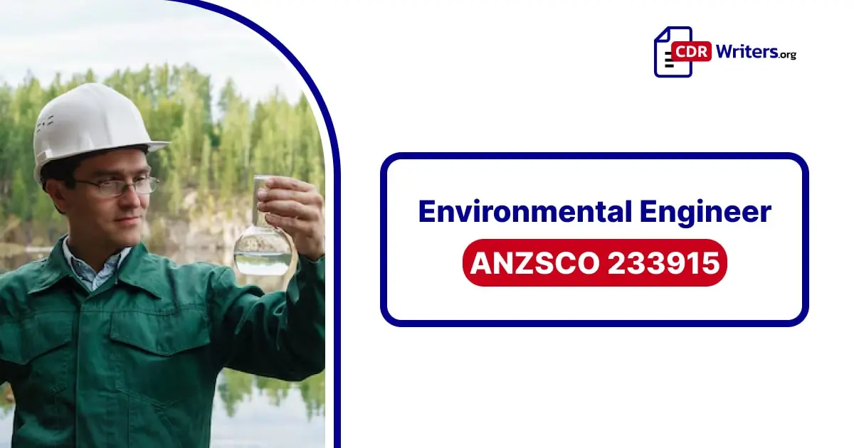 An Environmental Engineer wearing a hard hat and protective gear examines a water sample in a natural landscape. The text overlay reads "Environmental Engineer ANZSCO 233915."