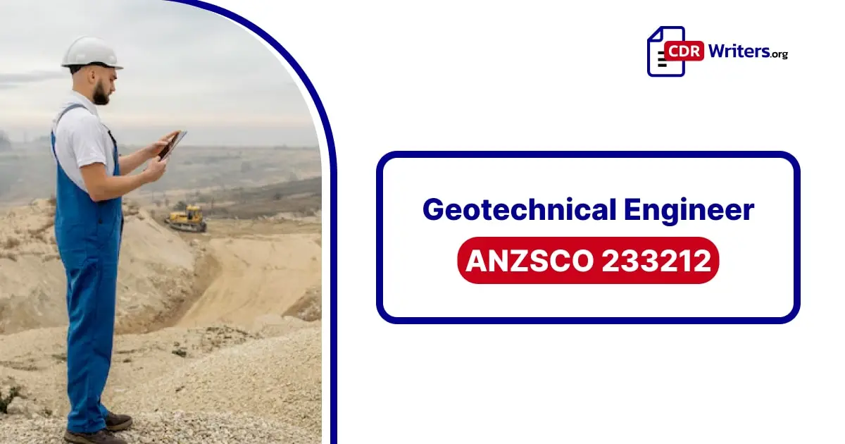 A Geotechnical Engineer in a hard hat and blue overalls, using a tablet while surveying a construction site. The text overlay reads "Geotechnical Engineer ANZSCO 233212."