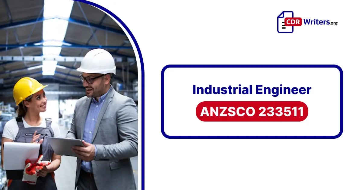 Two Industrial Engineers, one female with a hard hat and one male in formal attire, discussing project plans in a manufacturing facility. The text overlay reads "Industrial Engineer ANZSCO 233511.