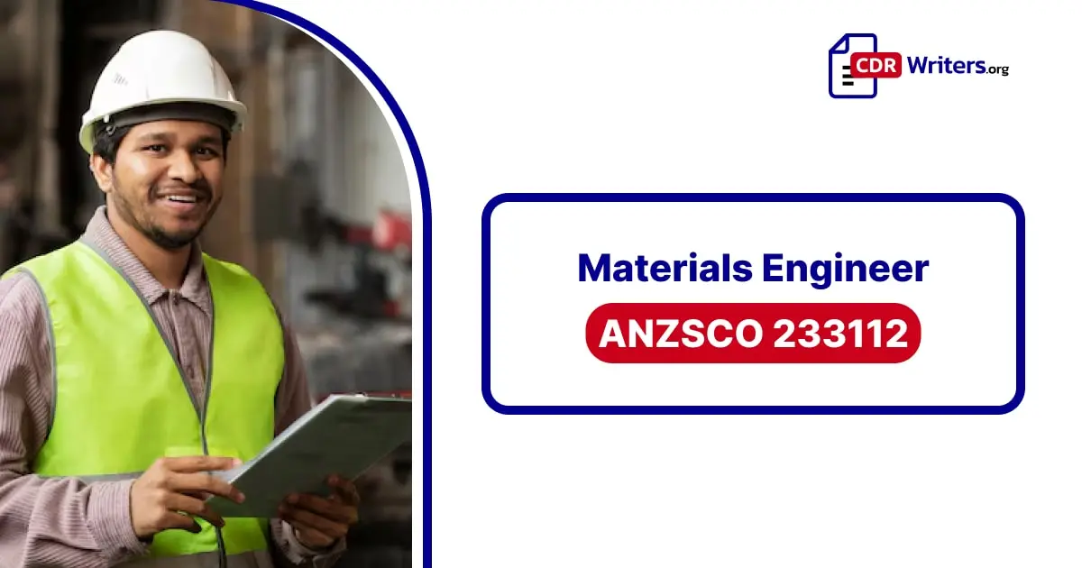 A Materials Engineer wearing a hard hat and safety vest, smiling while holding a clipboard on a construction site. The text overlay reads "Materials Engineer ANZSCO 233112."