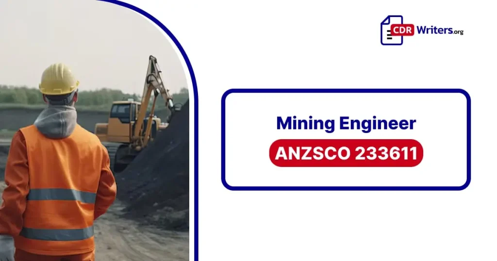 A Mining Engineer wearing a safety helmet and an orange vest stands with his back to the camera, observing mining operations in the background, which includes machinery and a mining site.
