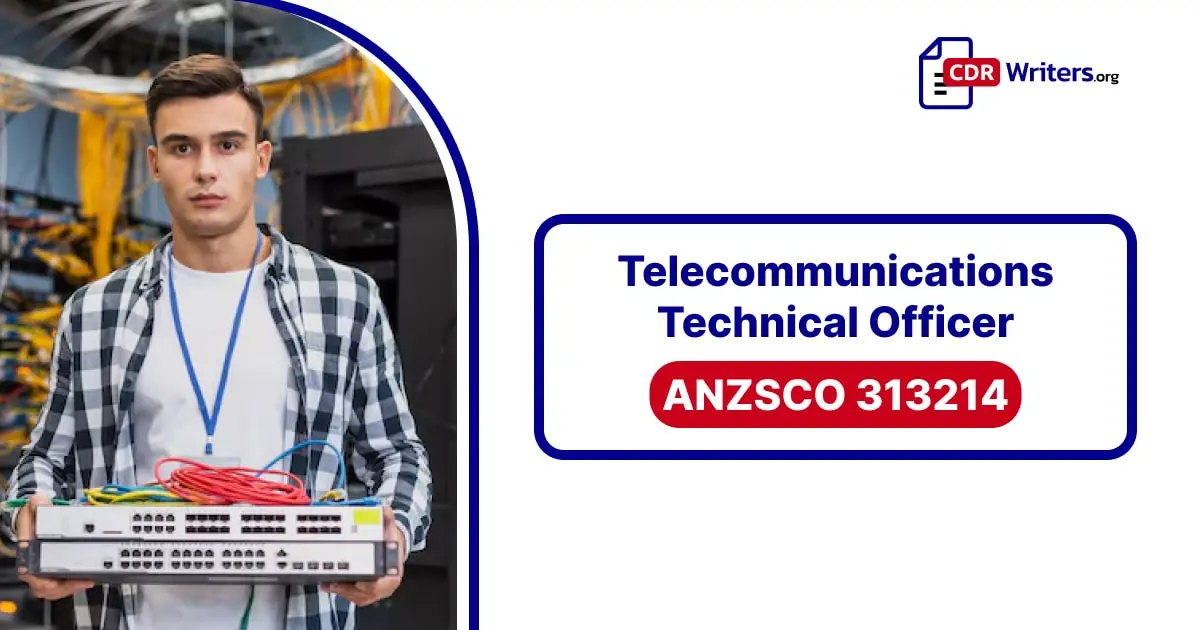 A Telecommunications Technical Officer holding a network switch and cables, standing in a data center surrounded by electronic equipment.