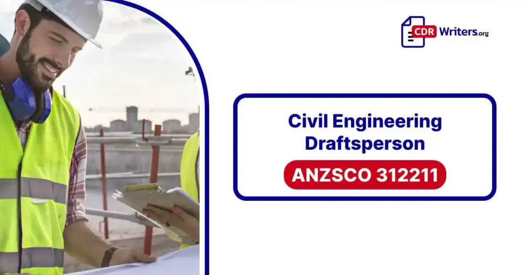 A Civil Engineering Draftsperson reviewing construction plans on-site, wearing a hard hat and safety vest while collaborating with colleagues.